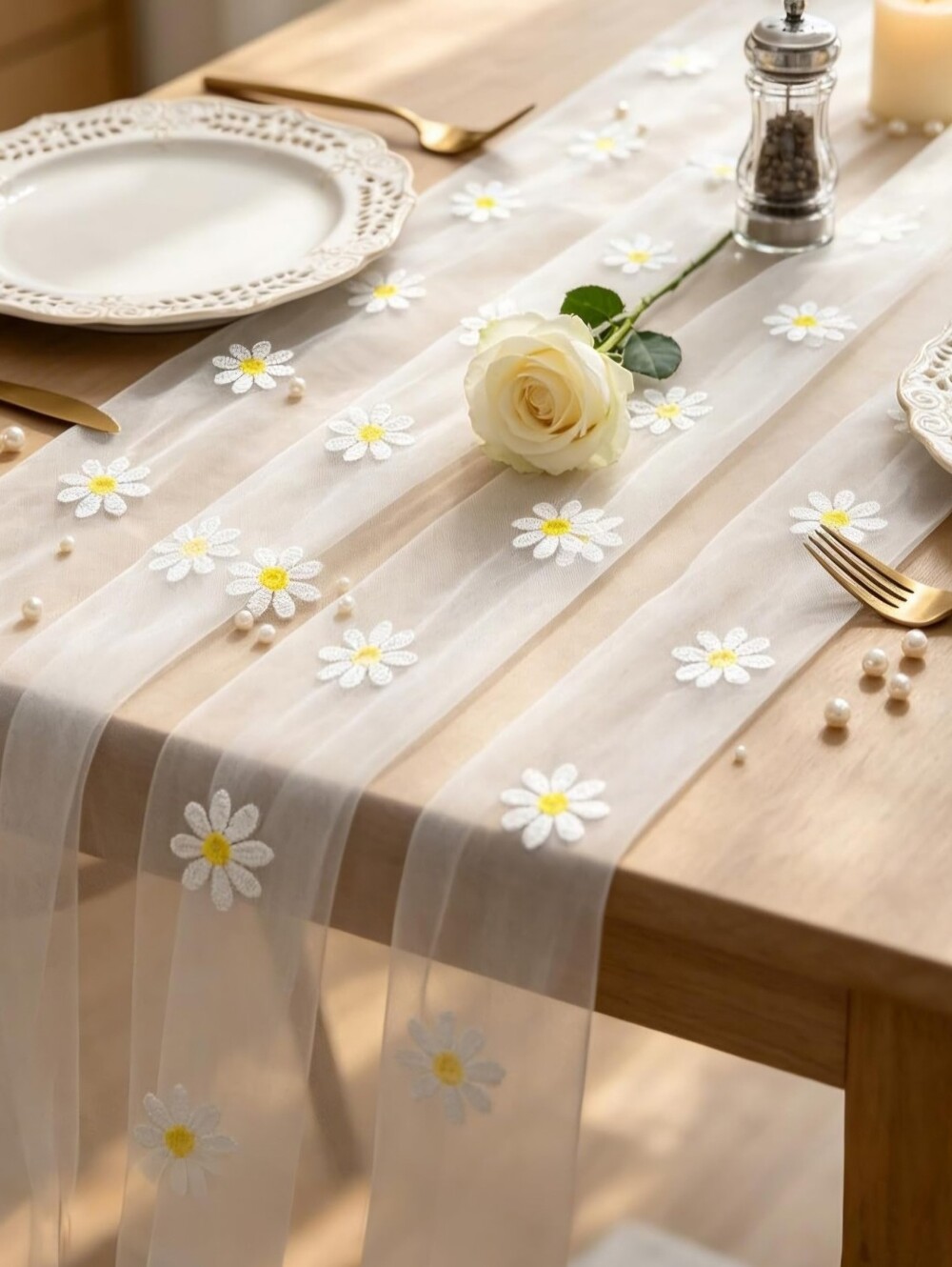 Embroidered Daisy Sheer Table Runner